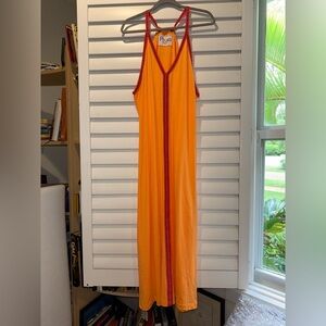 PITUSA Pima Sundress Petite Orange Purple Metallic Trim Strappy Maxi Dress